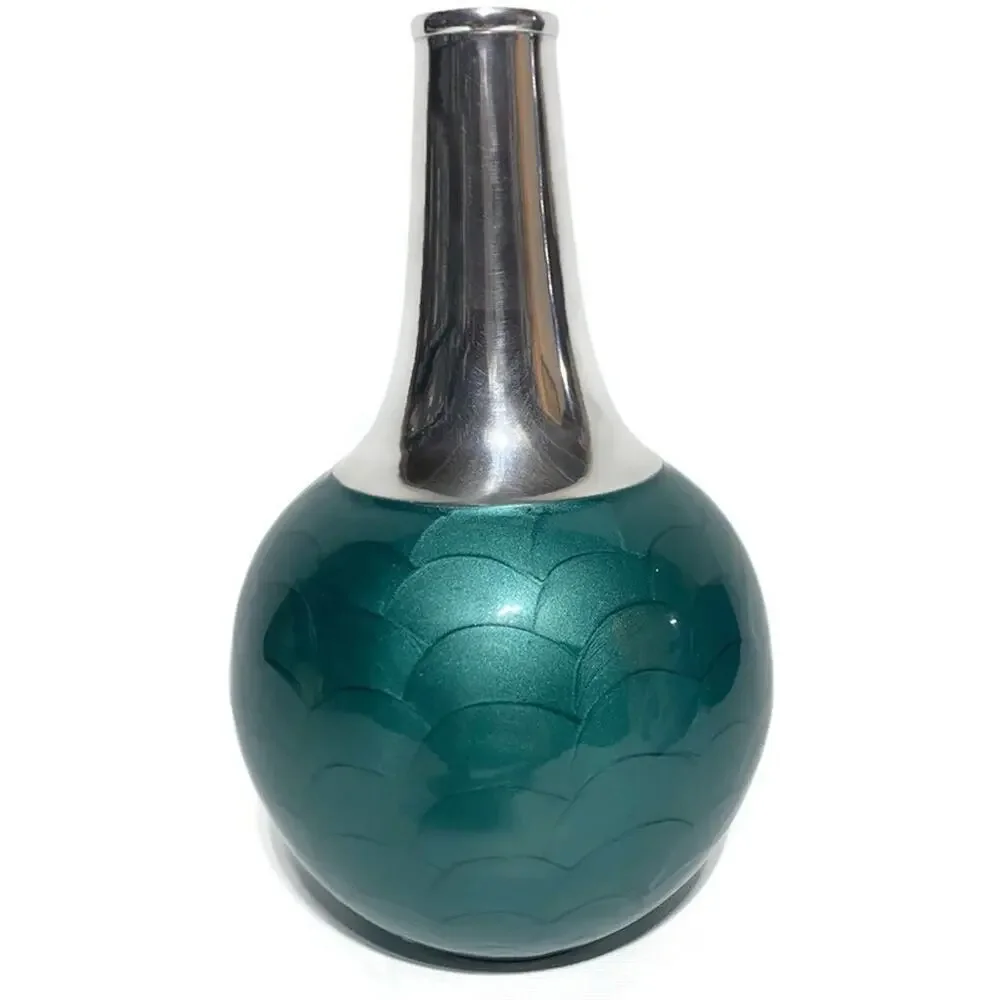 Pier 1 Imports Textured Teal Blue Silver Enamel MCM Mid Century Modern Fish Vase